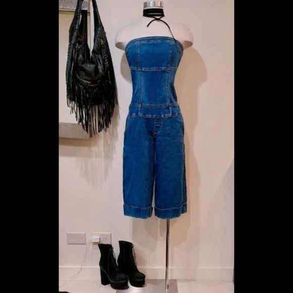 💋1970's BOHO CHIC💋 Capri Sanded Capri Denim Jumpsuit in Blue - Picture 6 of 12